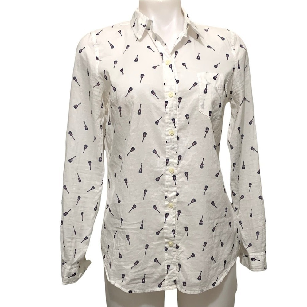 Old Navy Americana White Button Front Cotton Shirt With Guitar Print SZ SM